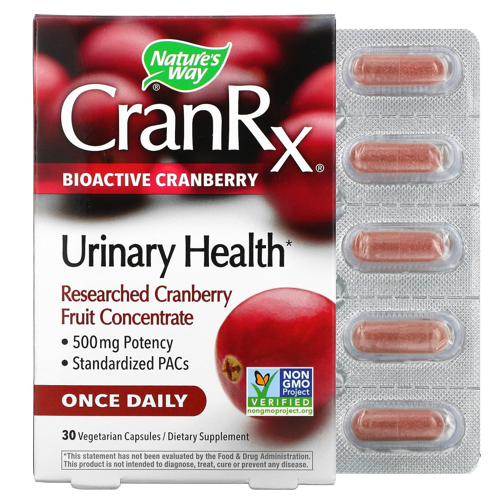 Натурес Вэй, CranRx, Urinary Health, биоактивная клюква, 500 мг, 30 вегетарианских капсул