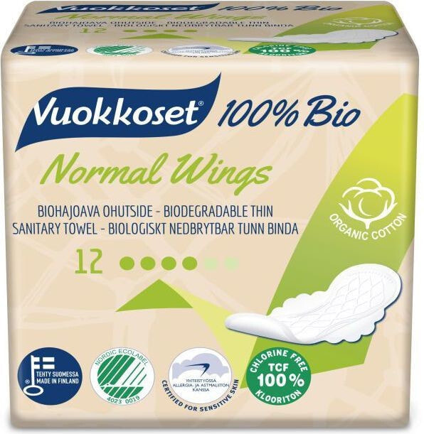 Vuokkoset Sanitary pads with wings Normal 100% Bio, 12 pcs.