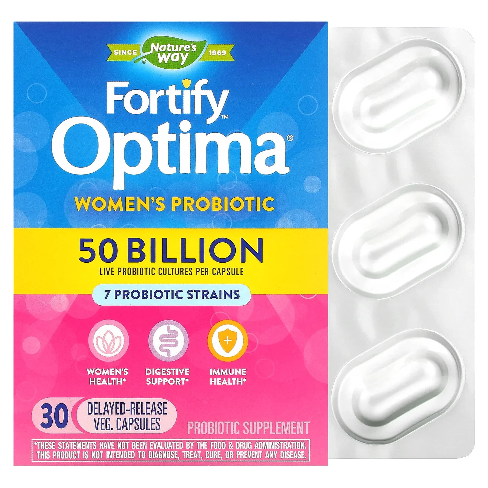 Натурес Вэй, Fortify Optima, пробиотик для женщин, 50 млрд, 30 растительных компонентов с отсроченным высвобождением. капсул