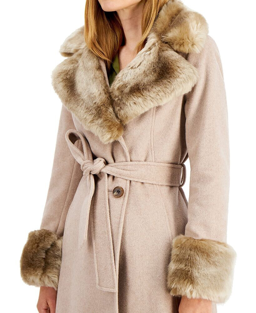 women's faux fur trim belted wrap coat