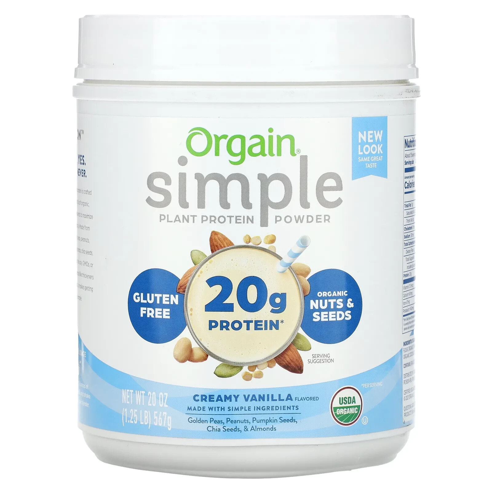 Orgain, Simple, органический растительный протеиновый порошок, арахисовая паста, 567 г (1,25 фунта)