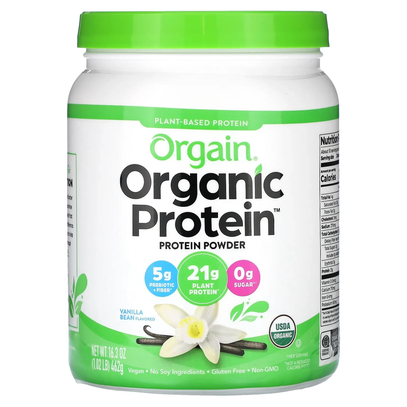 Organic Protein Powder, Plant Based, Vanilla Bean, 1.02 lbs (462) g