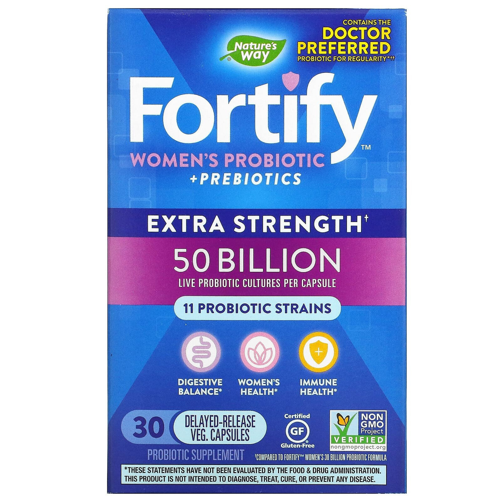 Натурес Вэй, Fortify комплекс пробиотиков и пребиотиков для женщин, повышенной силы действия, 50 миллиардов, 30 растительных капсул с отсроченным высвобождением