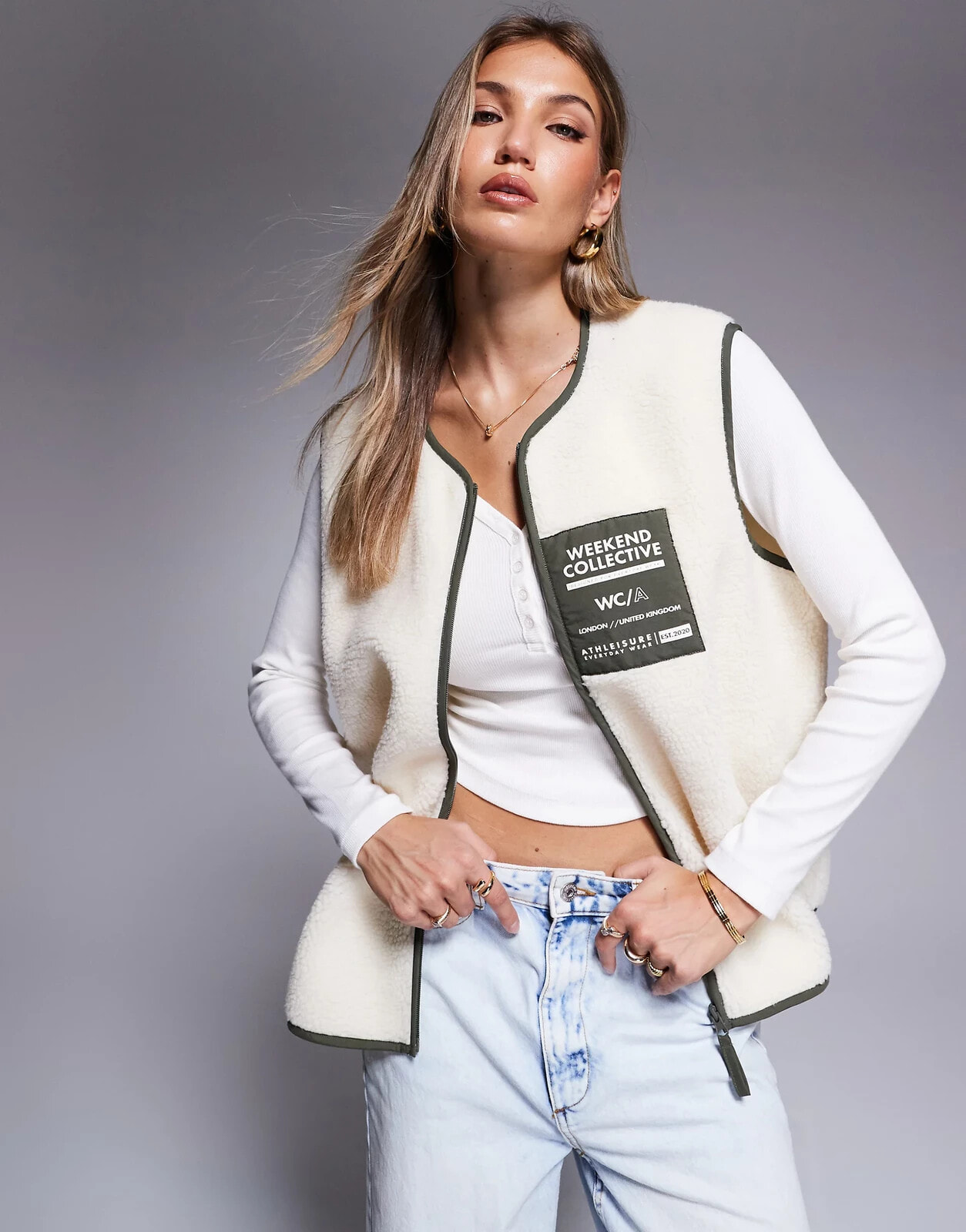 Weekend Collective nylon pocket borg vest in cream & khaki