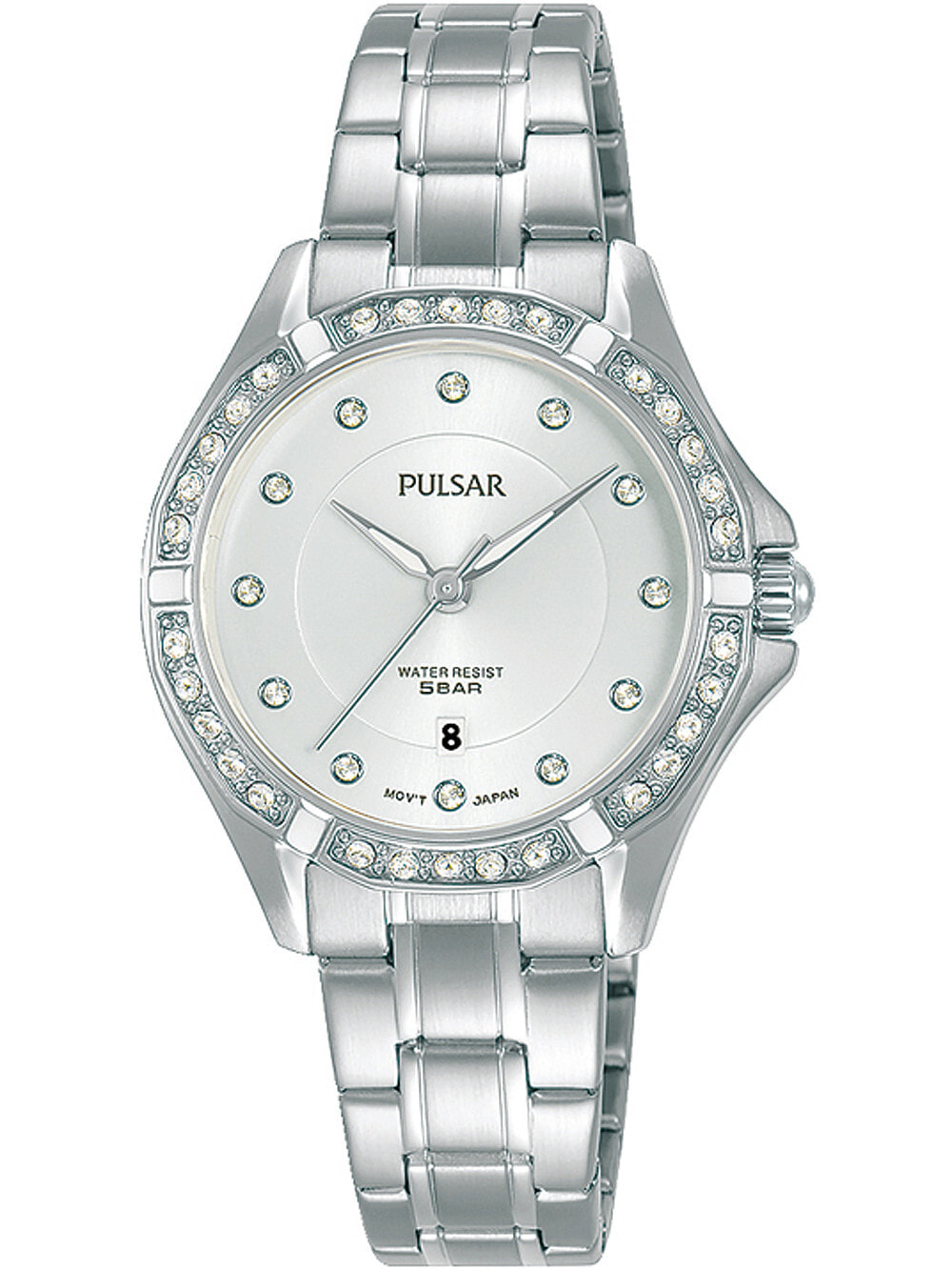Женские наручные кварцевые часы Pulsar ремешок из нержавеющей стали. Водонепроницаемость-5 АТМ. Защищенное от царапин минеральное стекло.  Декорирован кристалами  Swarovski.