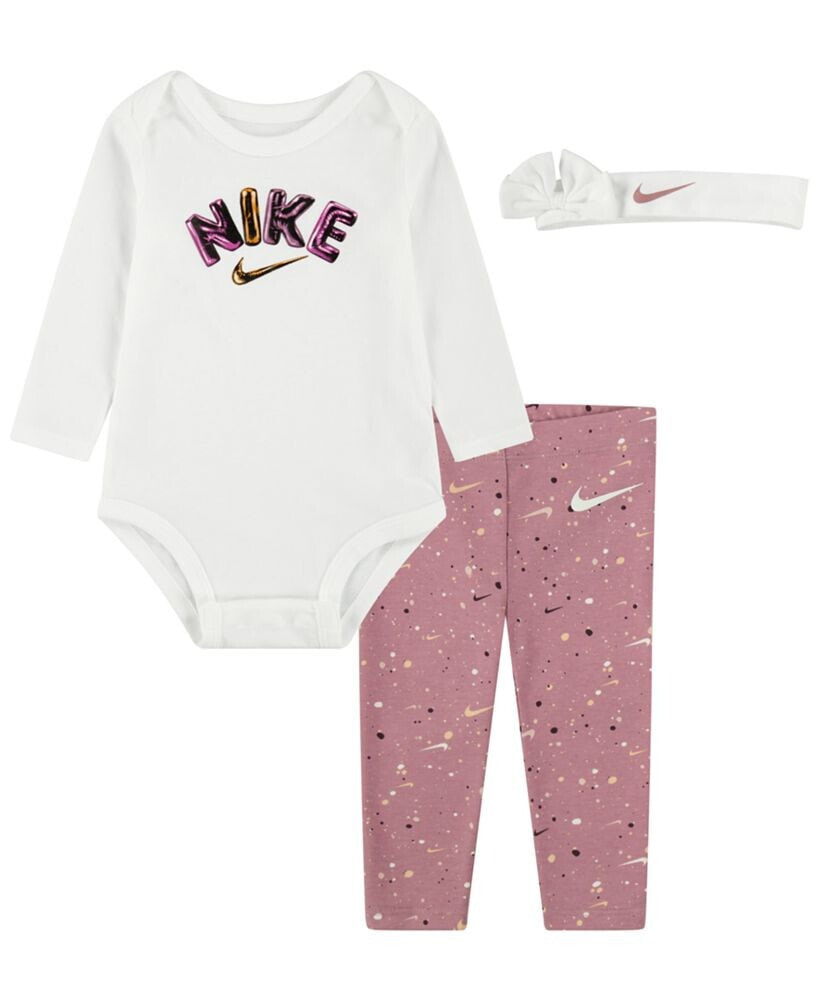 Nike baby Girls Swoosh Party Bodysuit, Leggings and Headband, 3 Piece Set