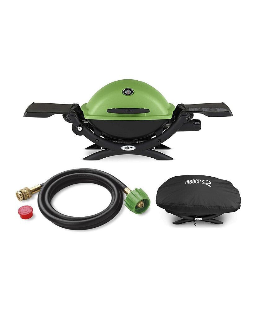 Weber q 1200 Liquid Propane Grill Green With Adapter Hose And Grill Cover