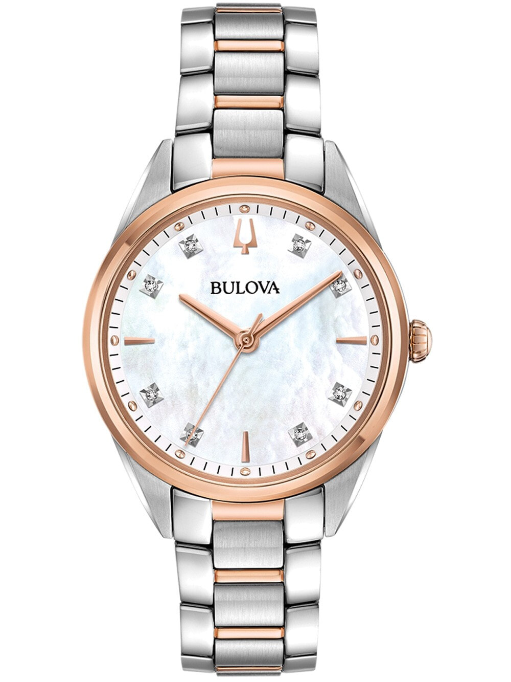 Женские наручные кварцевые часы Bulova ремешок из нержавеющей стали. Водонепроницаемость-3 АТМ. Защищенное от царапин антибликовое сапфировое стекло.  Циферблат украшен 8 бриллиантами.