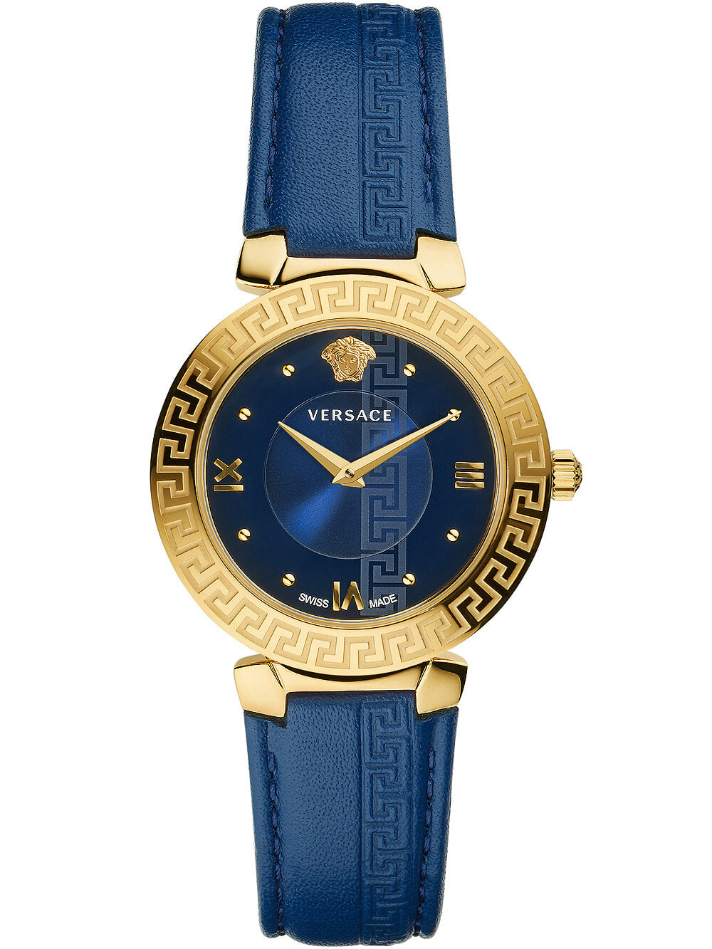 Женские наручные кварцевые часы  Versace Безель украшен меандровым орнаментом. На задней крышке имеется фирменный знак Versace. Кожаный ремешок с раскладывающейся застежкой.  Водозащита 30WR. Стекло сапфировое.