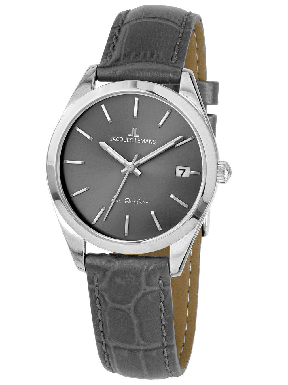 Женские  наручные кварцевые часы Jacques Lemans ремешок серого цвета сделан из натуральной кожи с прошивкой.