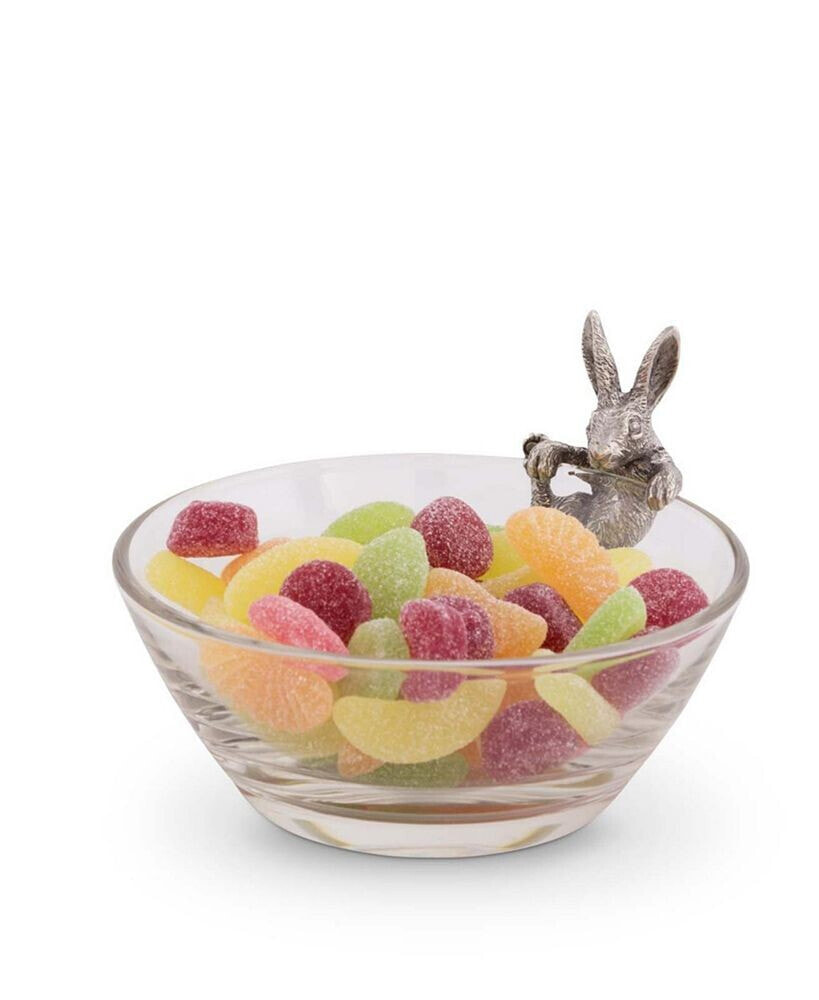 Vagabond House glass Dip, Candy, Snack Bowl with Pewter Climbing Bunny