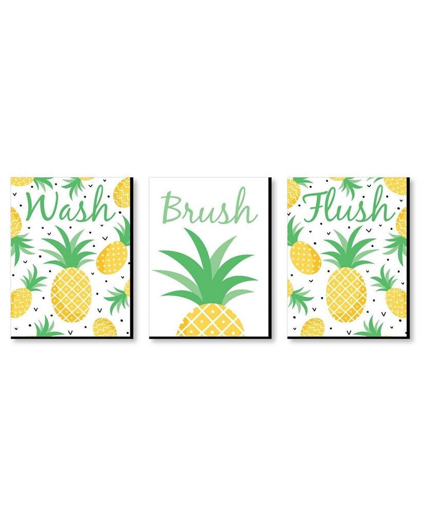 Tropical Pineapple - Wall Art - 7.5 x 10 in - Set of 3 Signs - Wash Brush Flush