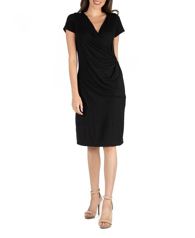 24seven Comfort Apparel faux Wrap over Dress with Cap Sleeves