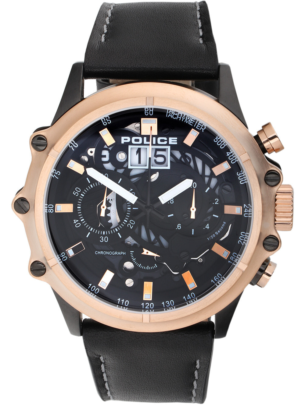 Мужские наручные часы с черным кожаным ремешком Police PL16018JSBR.02 Luang chronograph 49mm 3ATM