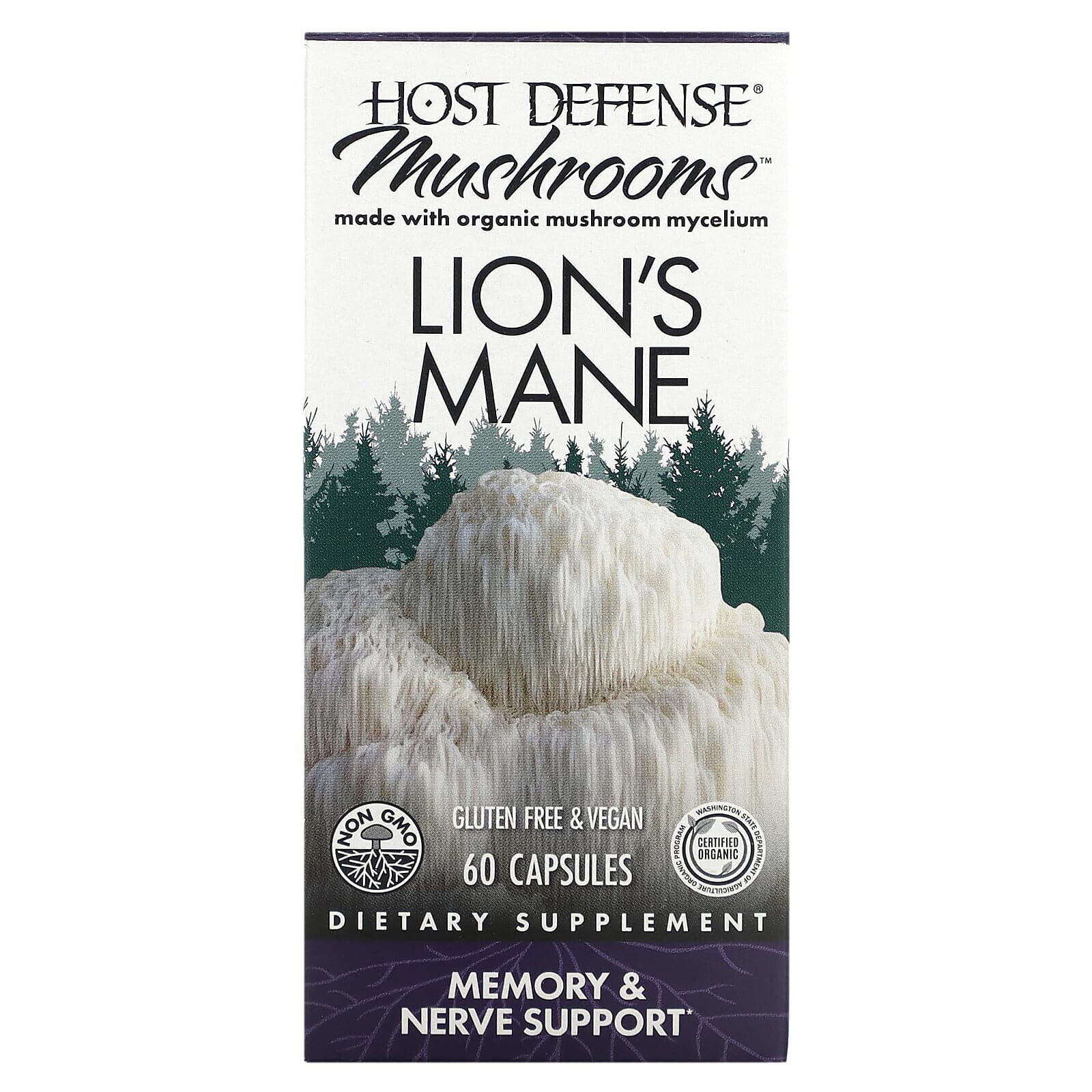 Host Defense Mushrooms Lion's Mane  Гриб ежовик гребенчатый для памяти и нервной системы 60 вегетарианских капсул