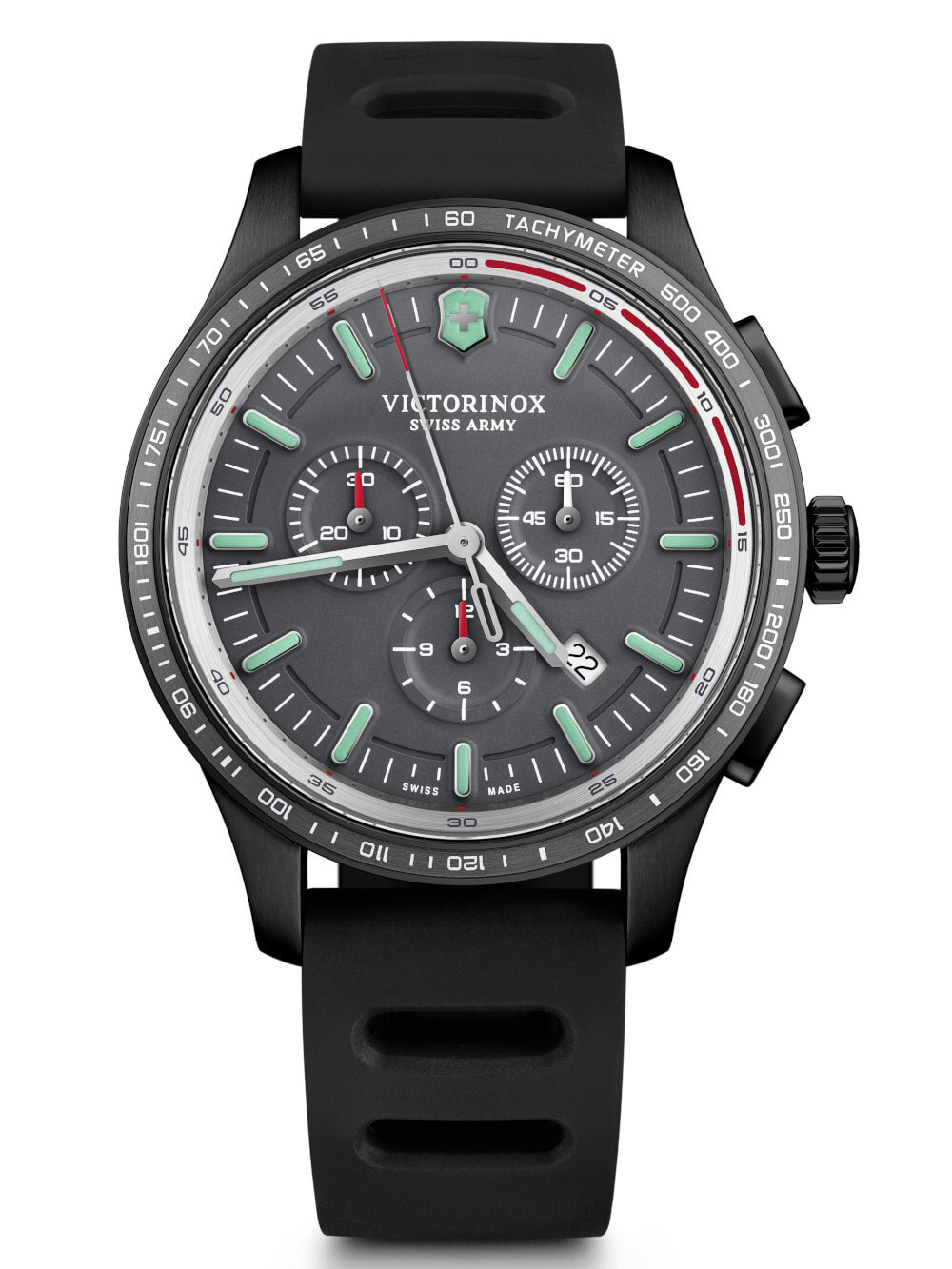Мужские часы наручные с черным силиконовым ремешком Victorinox 241818 Alliance Sport Chronograph 44mm 10ATM