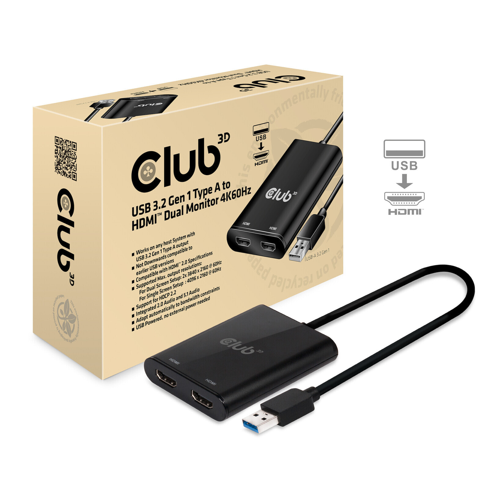 CLUB3D USB A to HDMI™ 2.0 Dual Monitor 4K 60Hz CSV-1474