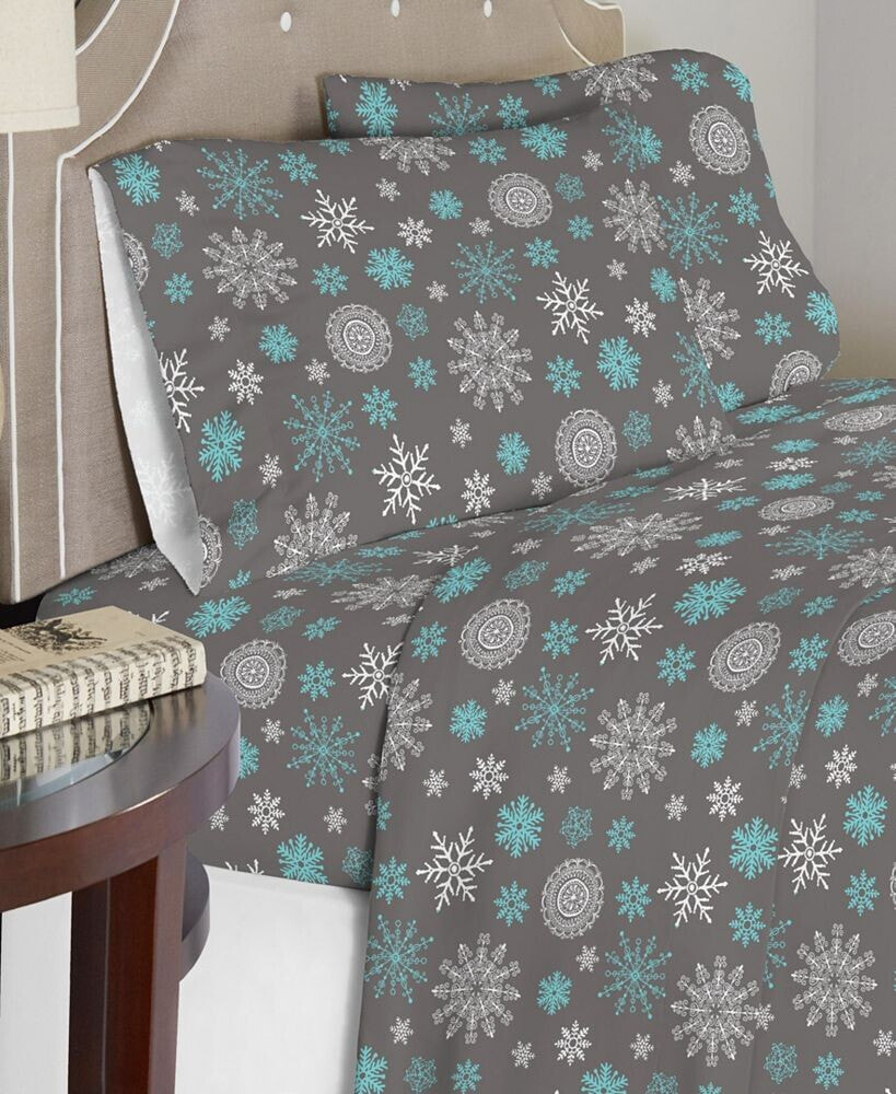 Celeste Home luxury Weight Snowflakes Printed Cotton Flannel Sheet Set, Full