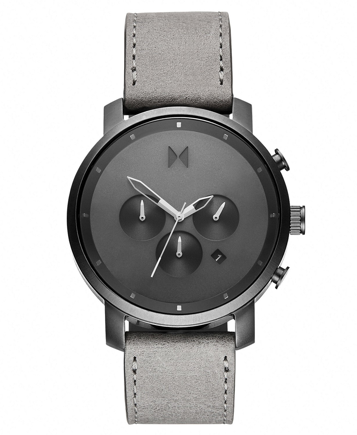 Мужские наручные часы с серым кожаным ремешком MVMT Chronograph Chrono Monochrome Gray Leather Strap Watch 45mm