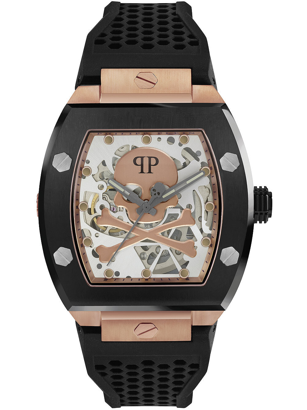 Мужские наручные часы с черным силиконовым ремешком Philipp Plein PWBAA0121 The keleton automatic 44mm 5ATM