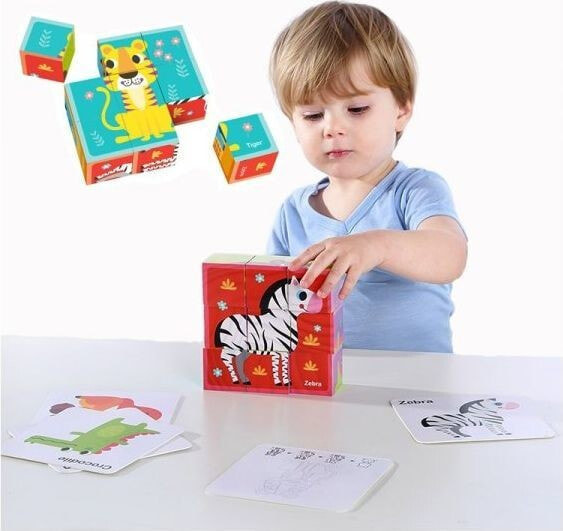 Tooky Toy TOOKY TOY Układanka Bloki Kostki Sześciany Puzzle Zwierzęta + wzorniki