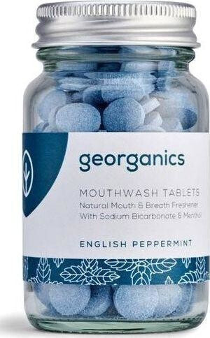 Georganics English Peppermint Mouthwash Tablets Натуральные, освежающие дыхание, таблетки для полоскания полости рта с бикарбонатом натрия и вкусом перечной мяты 180 таблеток