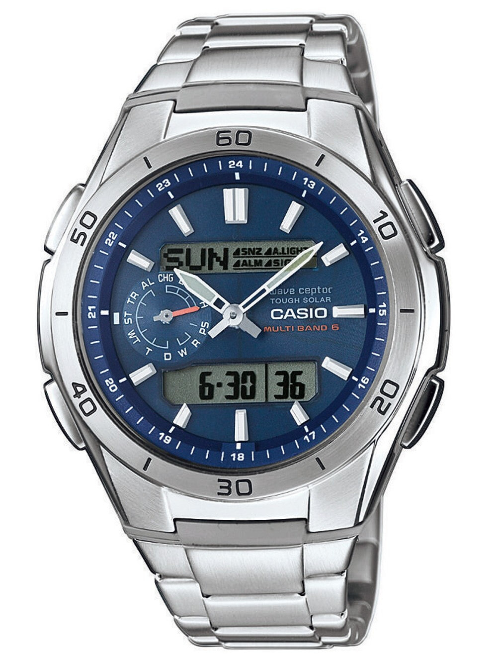 Мужские наручные часы с серебряным браслетом CASIO WVA-M650D-2AER Radio Controlled Solar 44mm 10 ATM