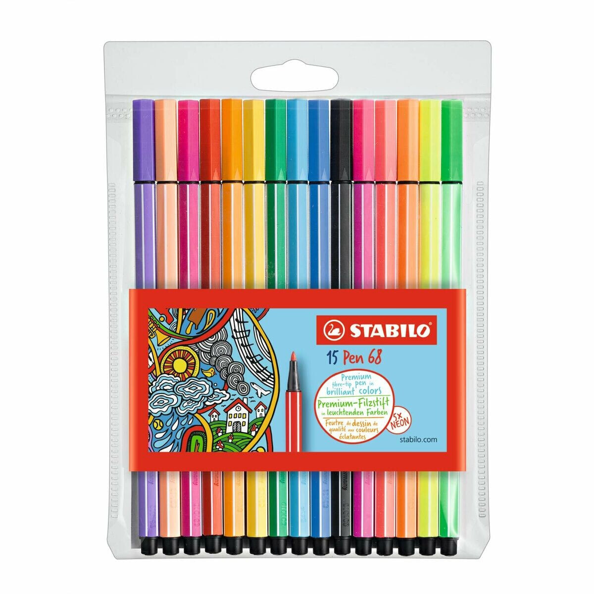 Set of Felt Tip Pens Stabilo Pen 68 Standard + Neon 15 Pieces Multicolour