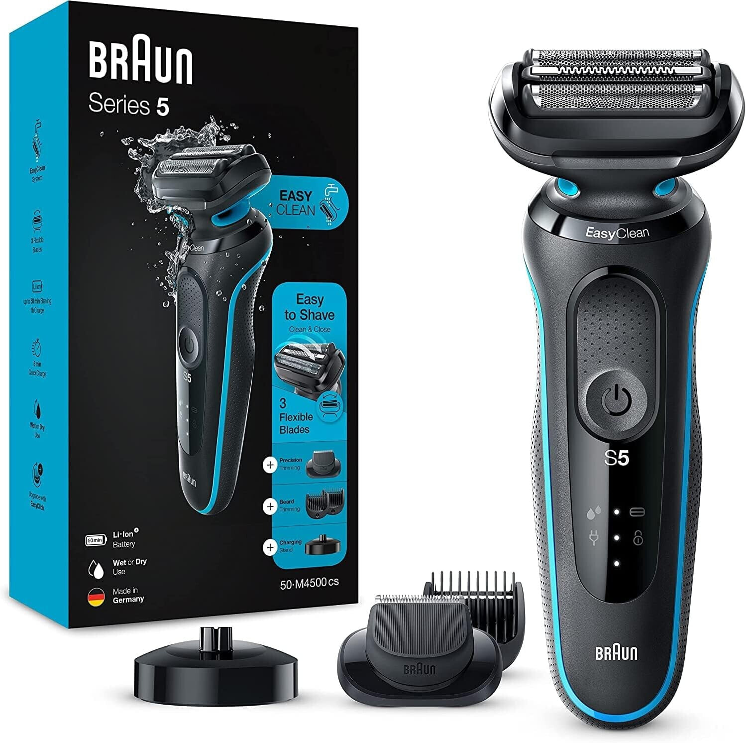 Braun Series 5cs shaver men, electric shaver with 3 flexible blades, beard trimmer, charging status, 50 min run time, EasyClick attachments, Wet&Dry, M4500cs, turquoise