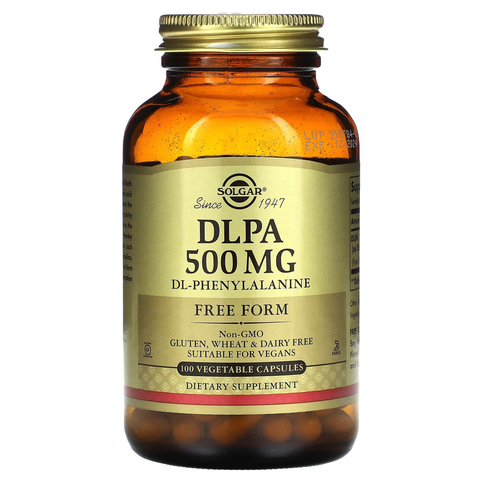 Solgar, DLPA, в свободной форме, 500 мг, 100 растительных капсул
