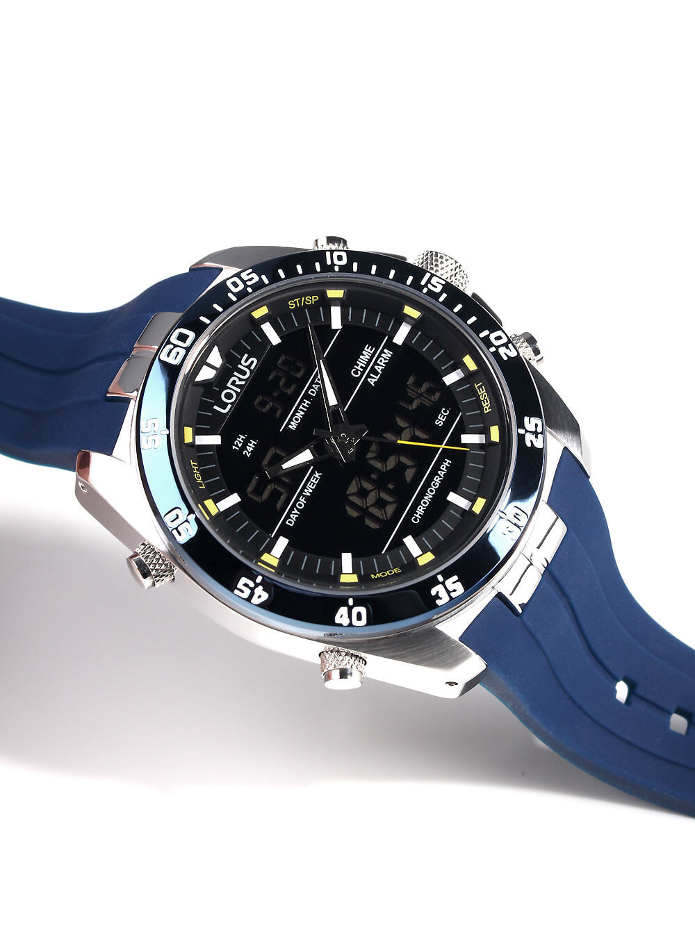 Мужские наручные часы с синим силиконовым ремешком Lorus RW617AX9  Analog-Digital Alarm Chronograph 100M 46mm — купить недорого с доставкой,  6761219