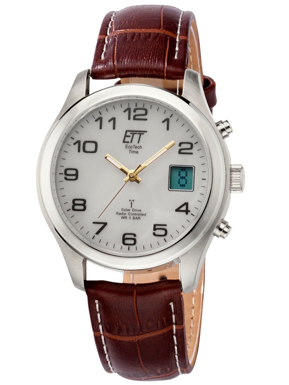 Мужские наручные часы с коричневым кожаным ремешком ETT EGS-11333-60L Solar Drive Radio Controlled Basic Mens 39mm 5ATM