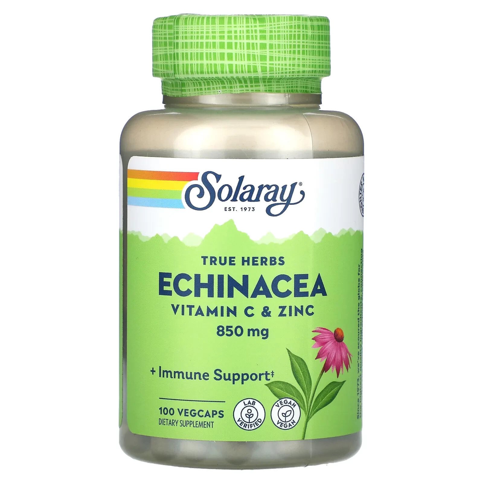 Solaray, True Herbs, эхинацея, витамин C и цинк, 425 мг, 100 растительных капсул