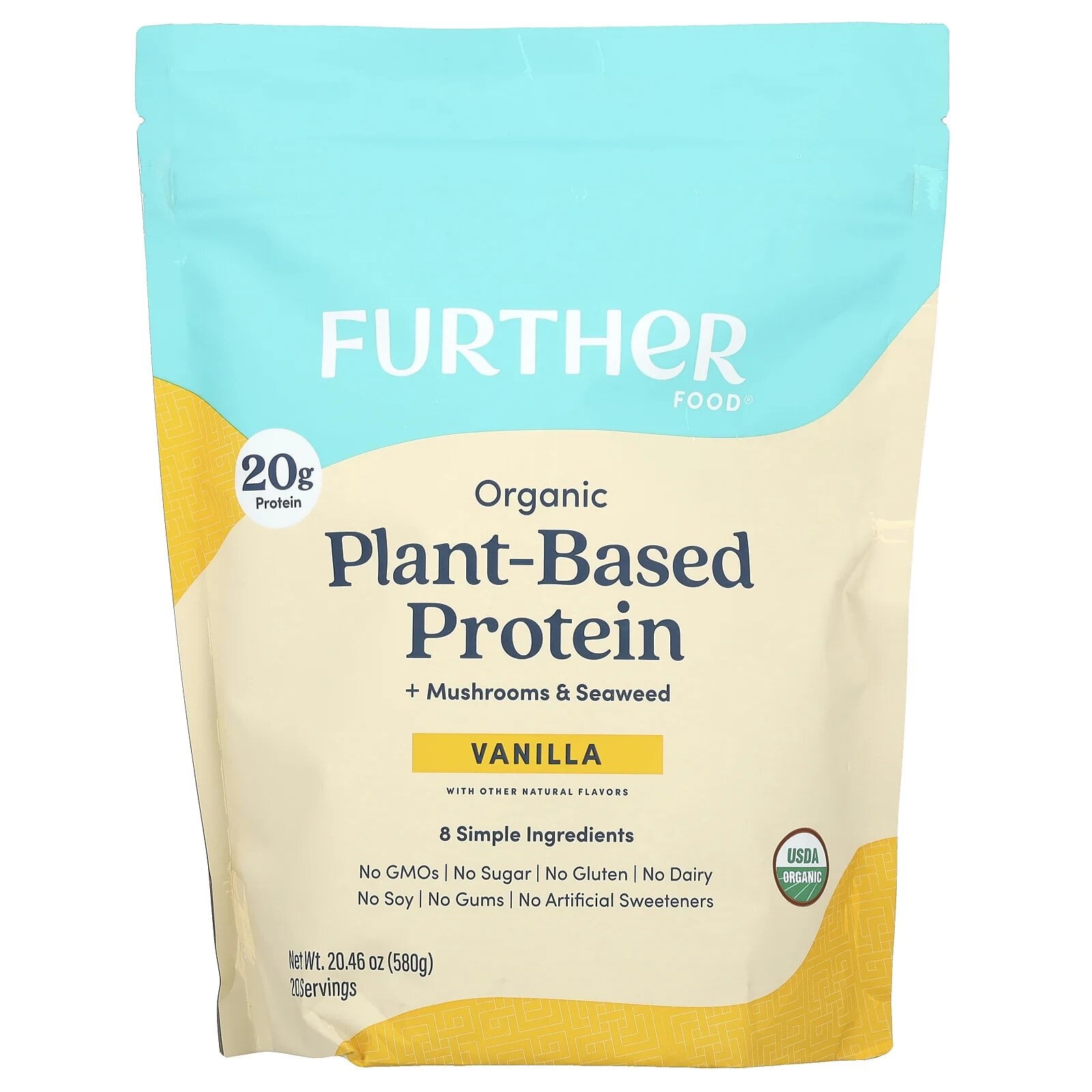 Organic Plant-Based Protein + Mushrooms & Seaweed, Vanilla, 20.46 oz (580 g)