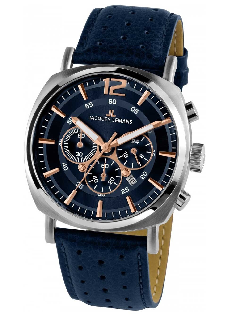 Мужские наручные часы с синим кожаным ремешком  Jacques Lemans 1-1645I Lugano Mens Chronograph 46mm 10 ATM