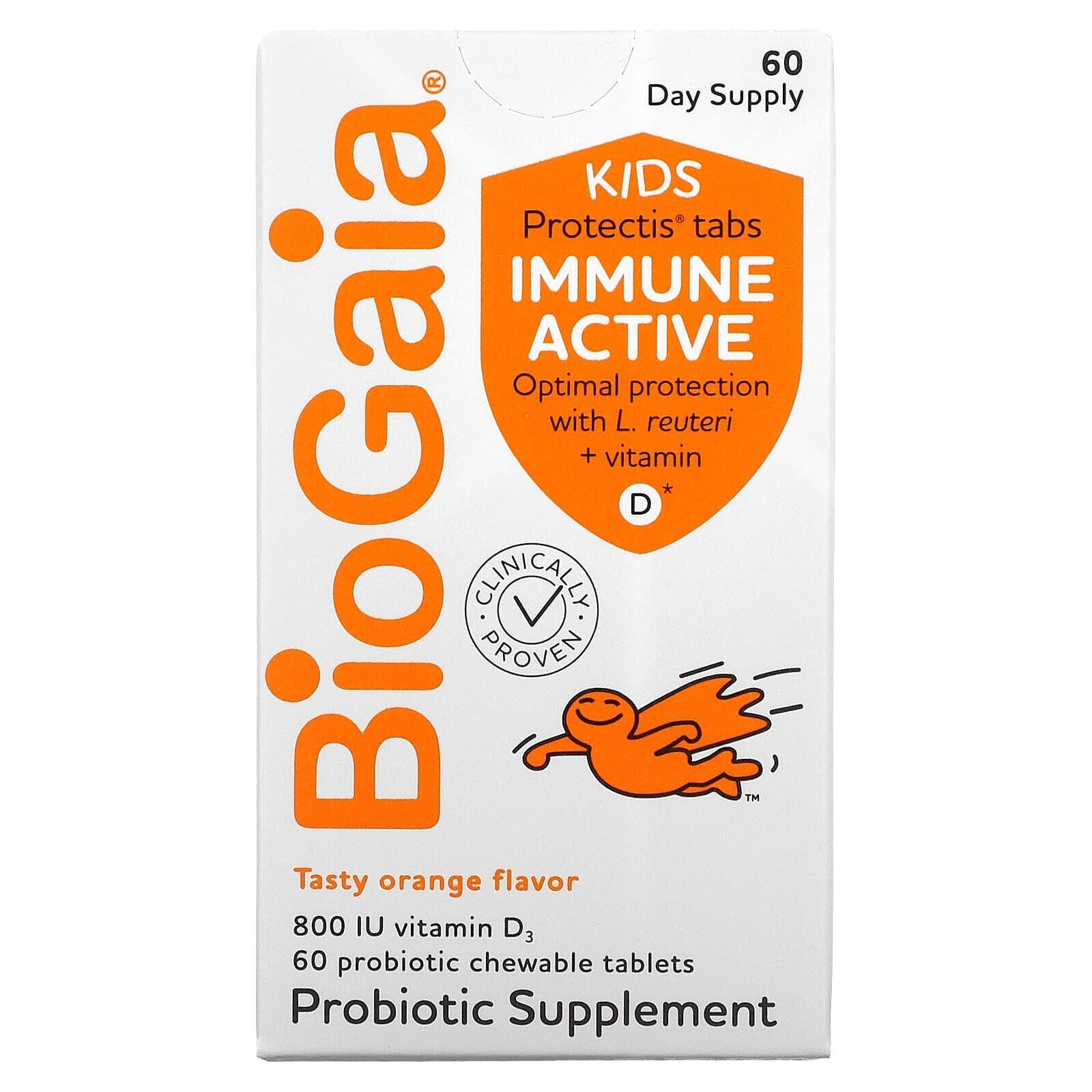 БиоГая, Kids, Immune Active with L. Reuteri + витамин D, апельсин, 60 жевательных таблеток с пробиотиками