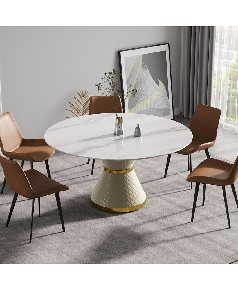 Simplie Fun modern artificial stone round white carbon steel base dining table-can accommodate 6 people