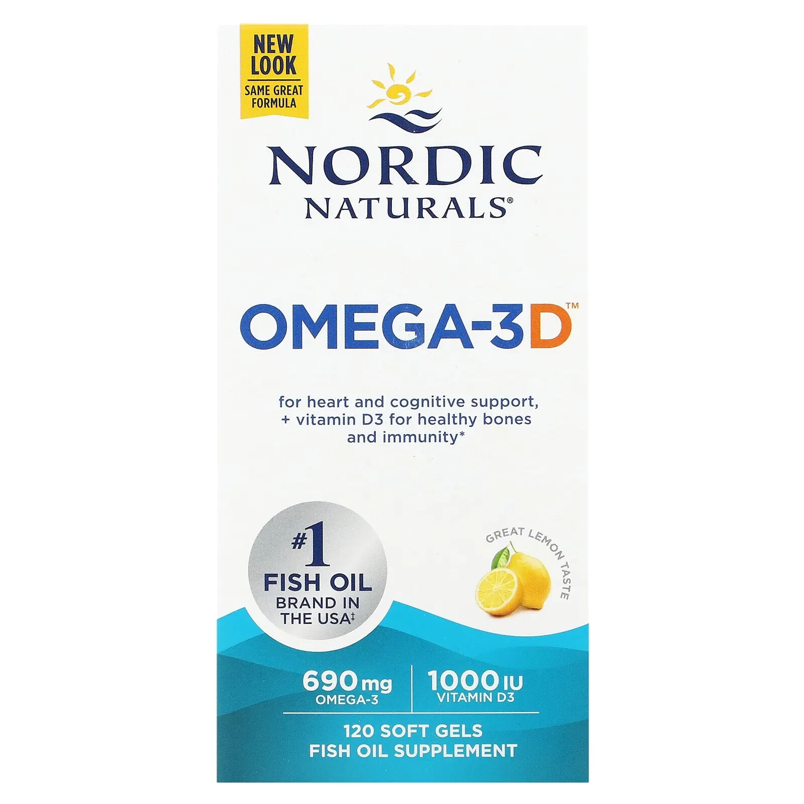 Nordic Naturals, омега-3D, лимон, 60 капсул