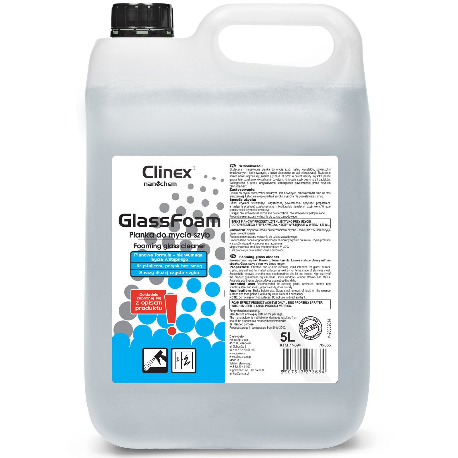Professional foam for cleaning glass mirrors without streaks and stains CLINEX Glass Foam 5L