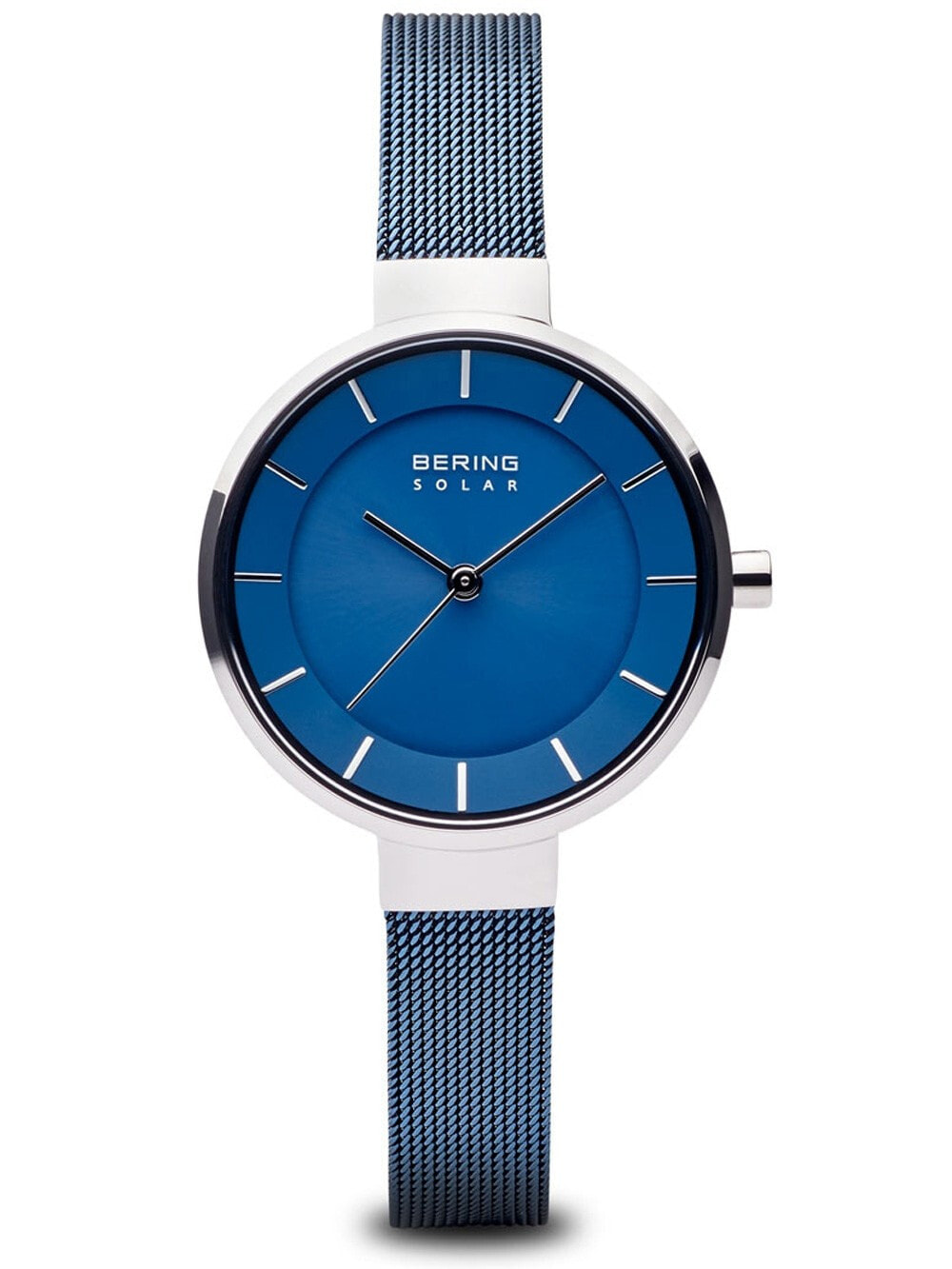 Женские часы аналоговые круглые с миланским плетением синие Bering