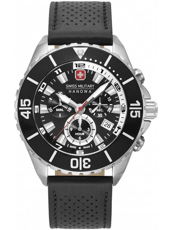 Мужские наручные часы с черным кожаным ремешком  Swiss Military Hanowa 06-4341.04.007 Ambassador chrono 44mm 10ATM