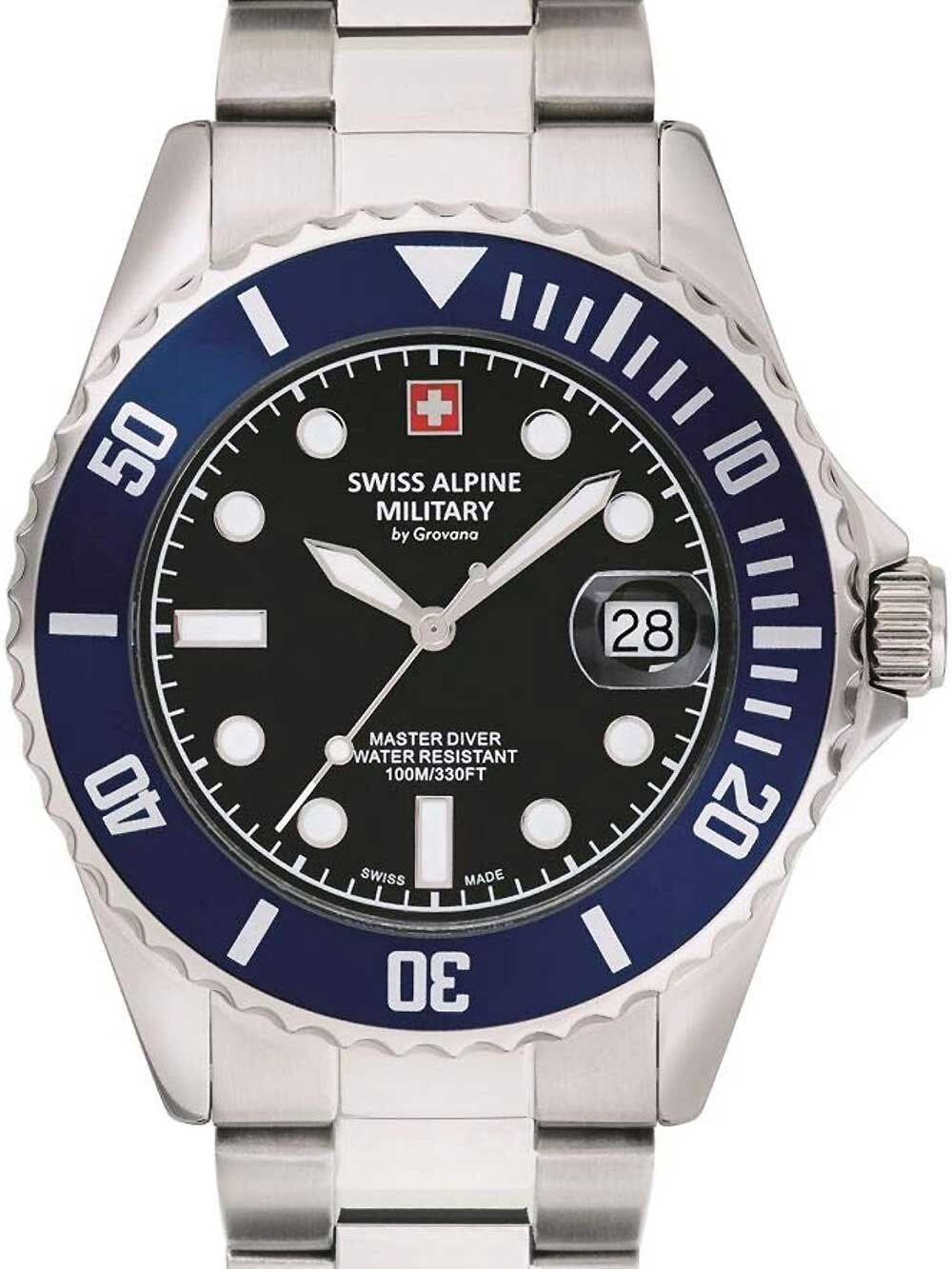 Мужские наручные часы с серебряным браслетом Swiss Alpine Military 7053.1136 diver 42mm 10ATM