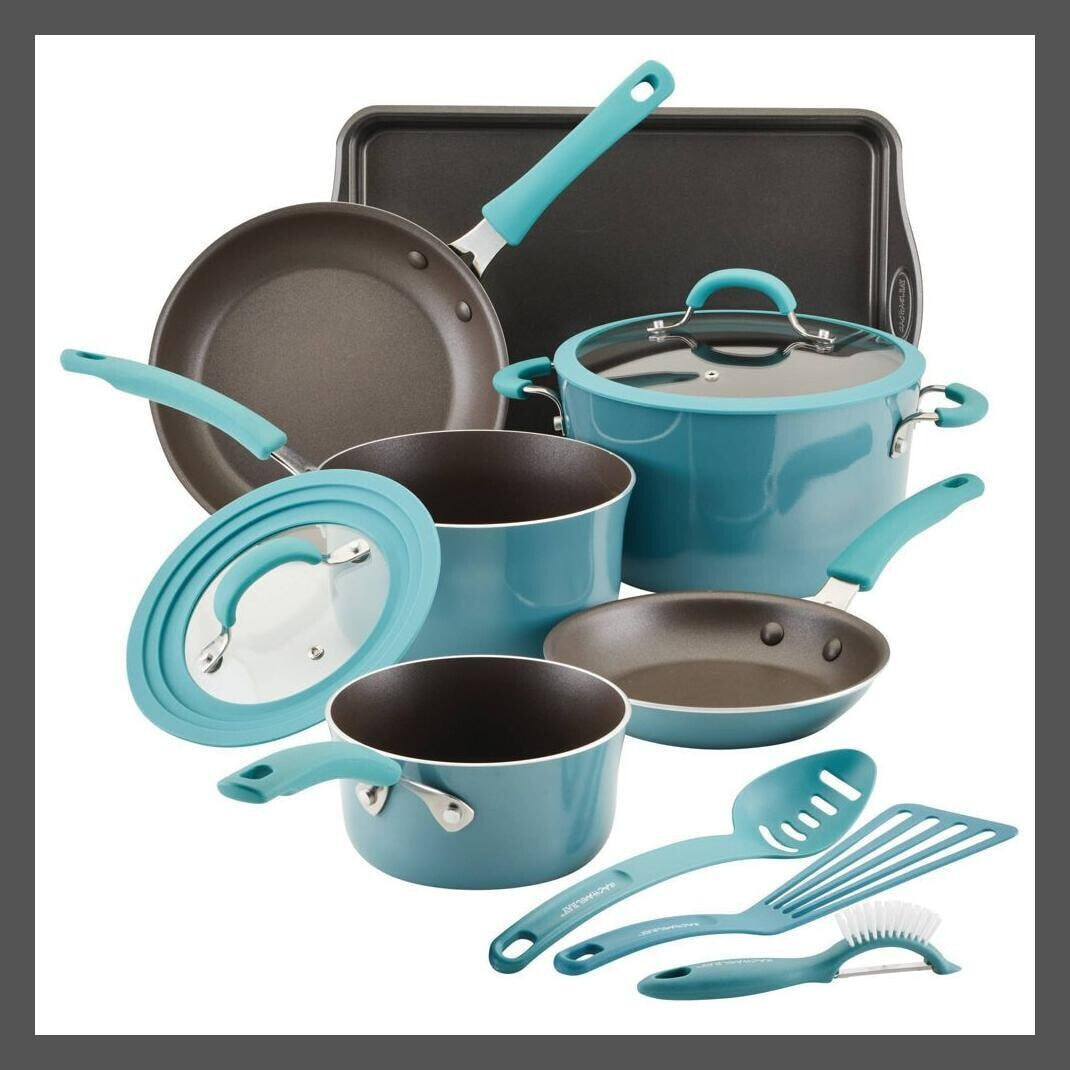 Rachael Ray Cook + Create 11pc Aluminum Nonstick Cookware Set - Agave Blue