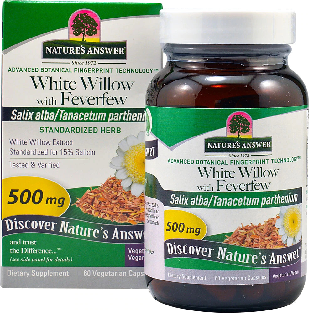 Nature's Answer White Willow with Feverfew Белая ива с пиретрумом 500 мг 60 растительных капсул