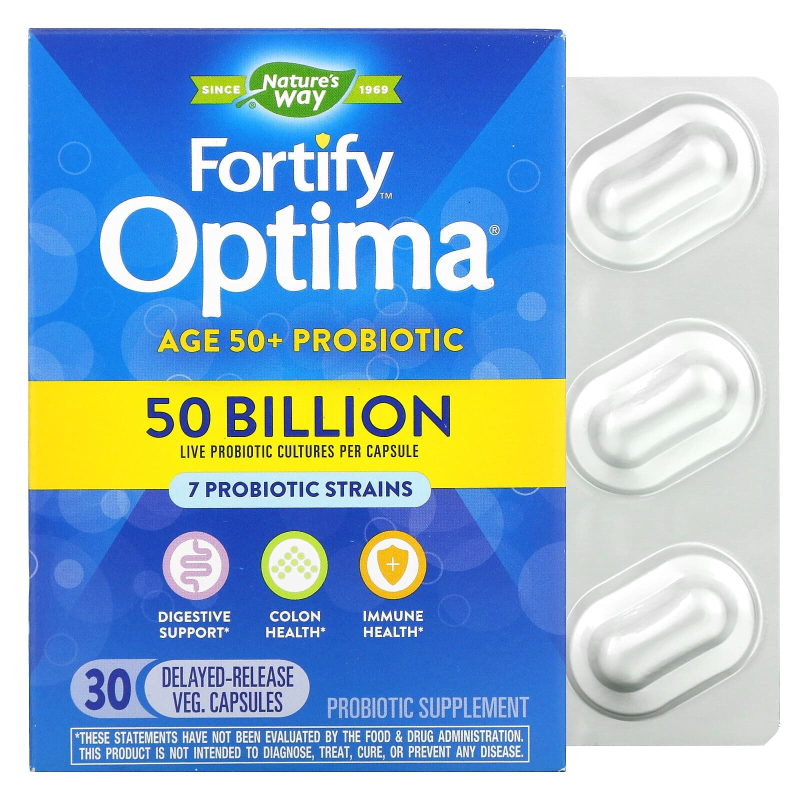 Nature's Way, Fortify Optima Probiotic, для взрослых старше 50 лет, 50 миллиардов, 30 растительных капсул с отсроченным высвобождением