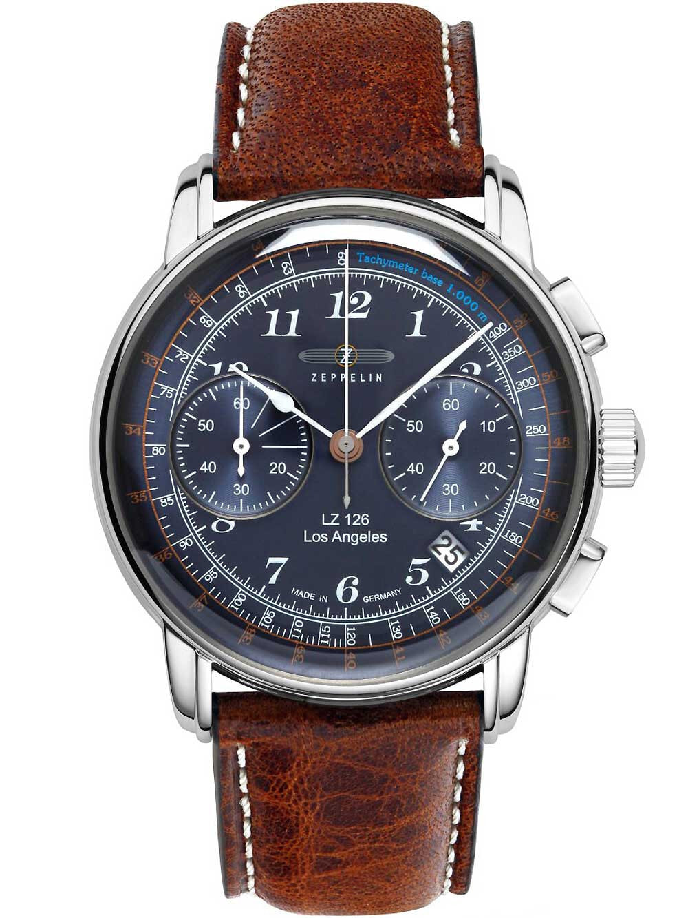 Мужские наручные часы с коричневым кожаным ремешком Zeppelin 7614-3 chrono LZ126 Los Angeles 43mm 5ATM