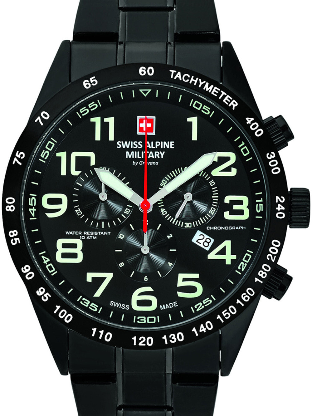 Мужские наручные часы с черным браслетом Swiss Alpine Military 7047.9177 chrono 43mm 10ATM