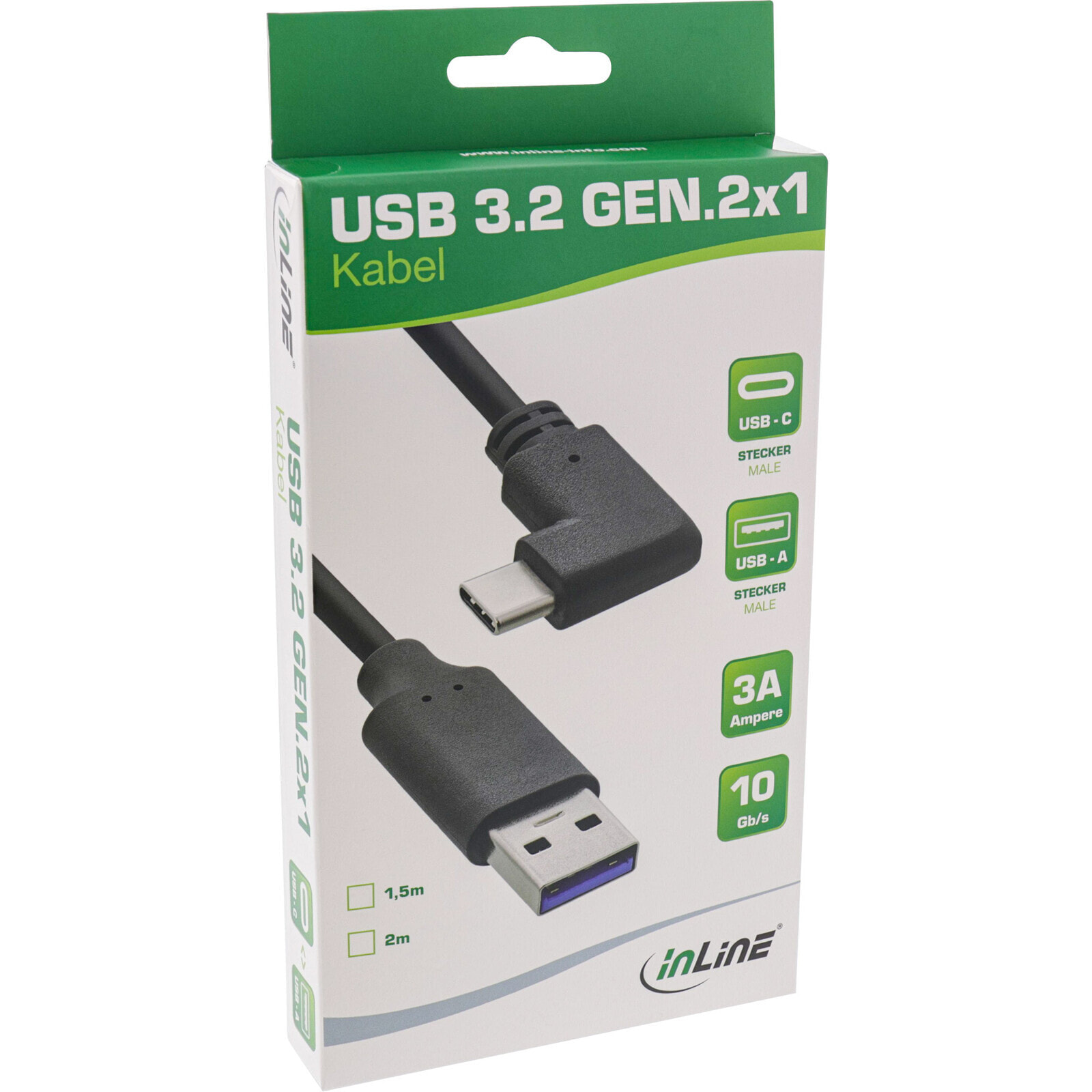 InLine USB 3.2 cable - USB Type-C plug angled to A plug - black - 2m - 2 m - USB C - USB A - USB 3.2 Gen 2 (3.1 Gen 2) - 10000 Mbit/s - Black