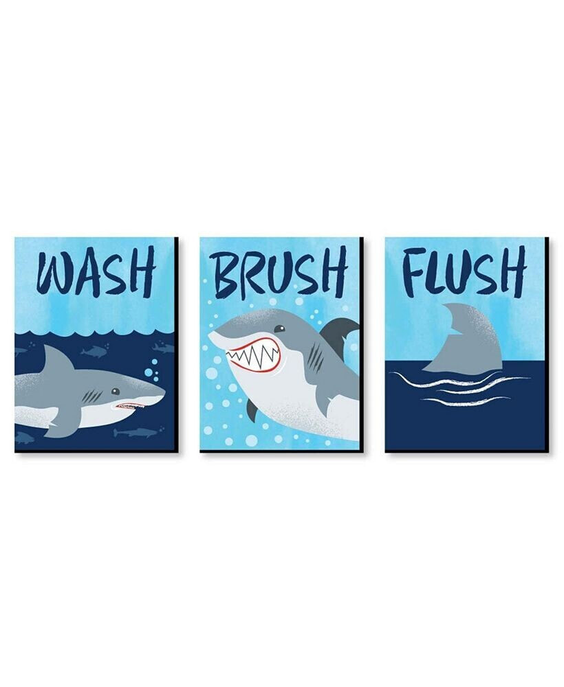 Big Dot of Happiness shark Zone - Wall Art - 7.5 x 10 inches - Set of 3 Signs - Wash, Brush, Flush