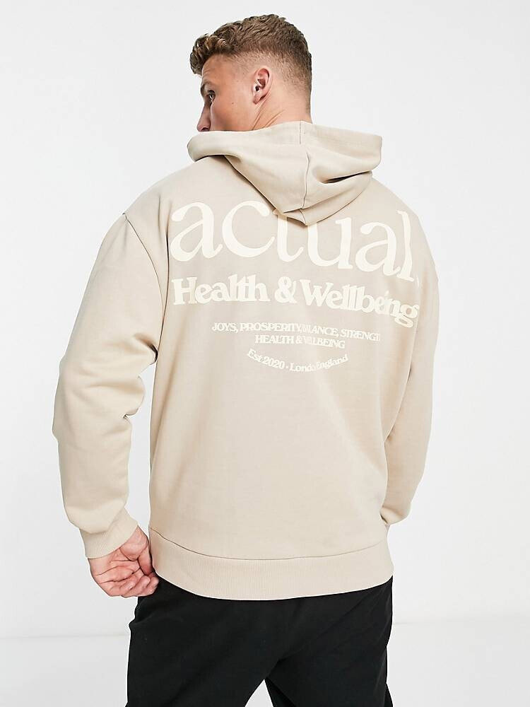 ASOS – Actual – Oversized-Kapuzenpullover in Neutral mit „Health and Wellbeing“-Logoprint hinten
